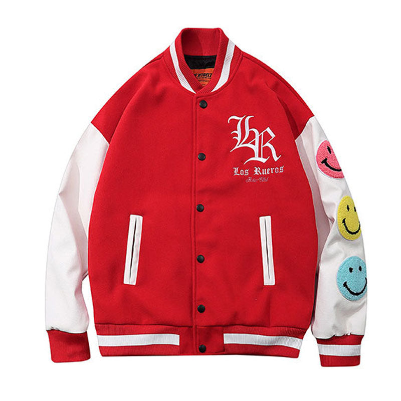 Varsity Baseball Jacket for Men Baseball Smiley Uniform Men's and Women's Spring Towel Embroidery Stitching Baggy Coat Jacket