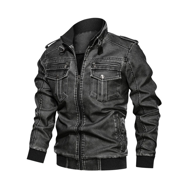 Autumn Washed-out Vintage Locomotive PU Leather Jacket Large Size Loose Multi-Pocket Men's Leather Coat Men Pu Jakcet