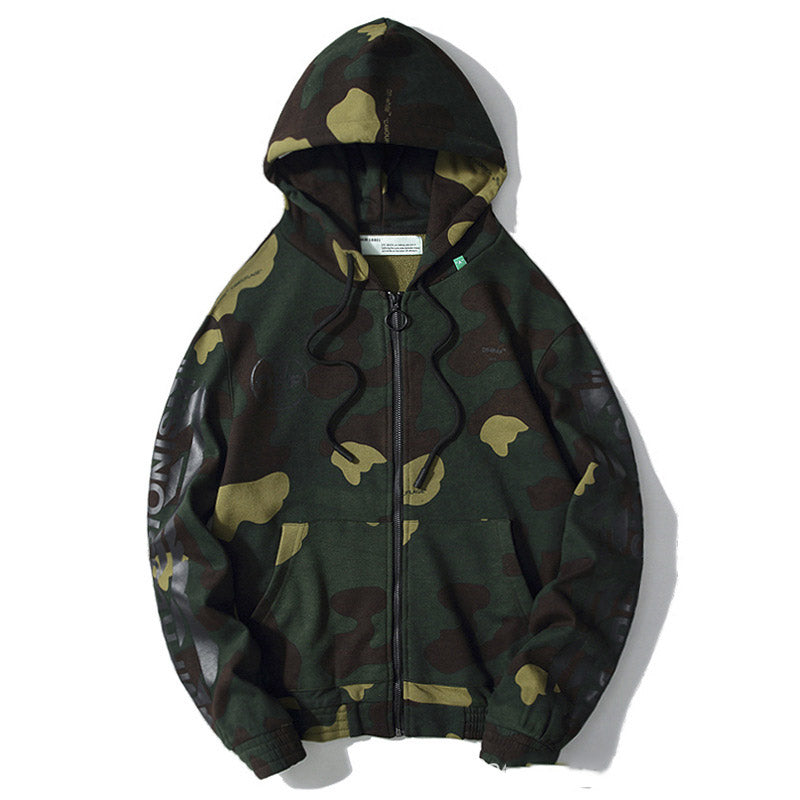 Autumn And Winter Camouflage Graffiti Ow Hooded Zipper Cotton Sweater