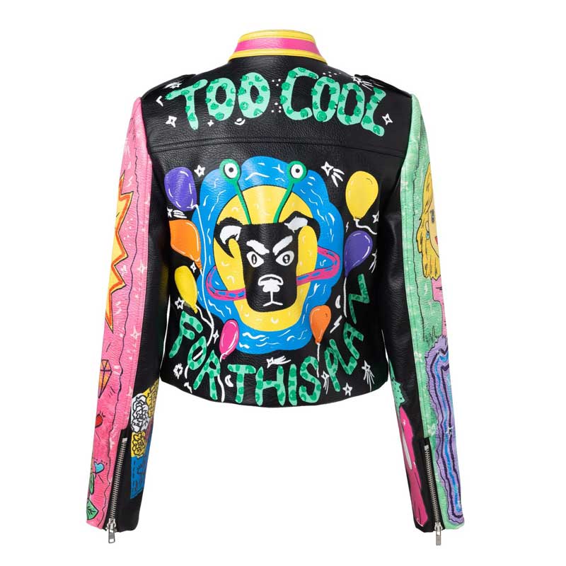 Azalea Wang Graffiti Moto Jacket Spring and Autumn Pink Fruit Green Color Block Street Cropped Leather Coat
