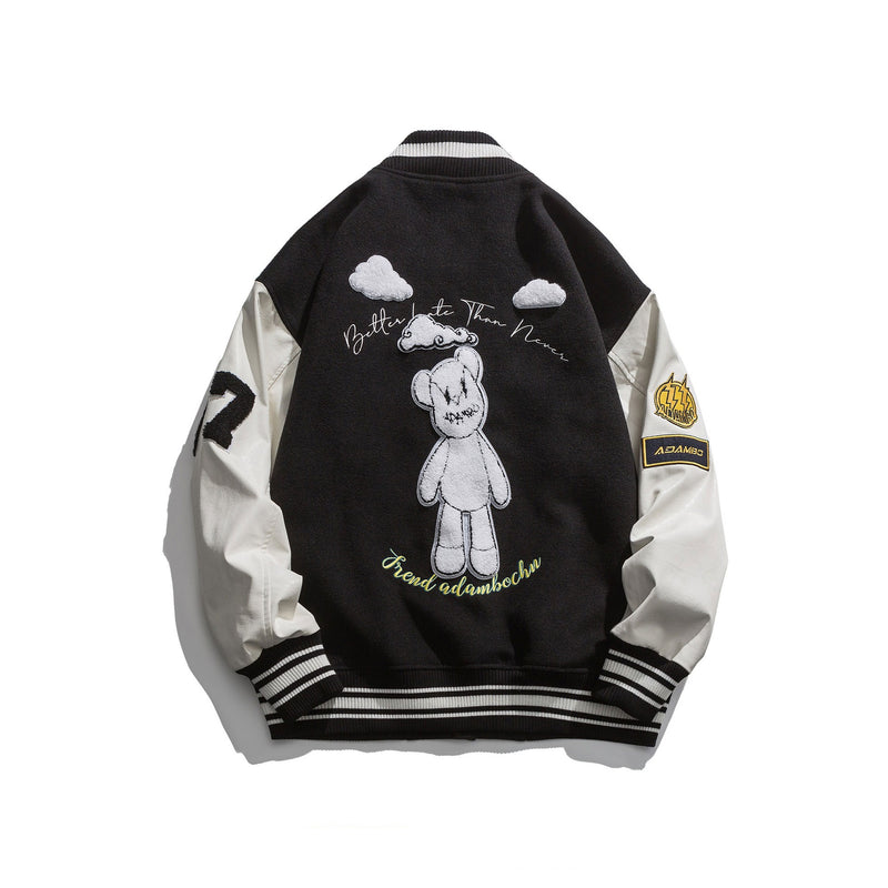 Varsity Jacket for Men Baseball Jackets Men's Spring Hip Hop Cool PU Leather Sleeve Stitching Cartoon Bear Printed Jacket Baseball Uniform