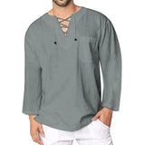 Men's Solid Color Loose Lace-up Cotton Linen Long Sleeve Shirt plus Size Retro Sports Casual Fashion Men Shirt