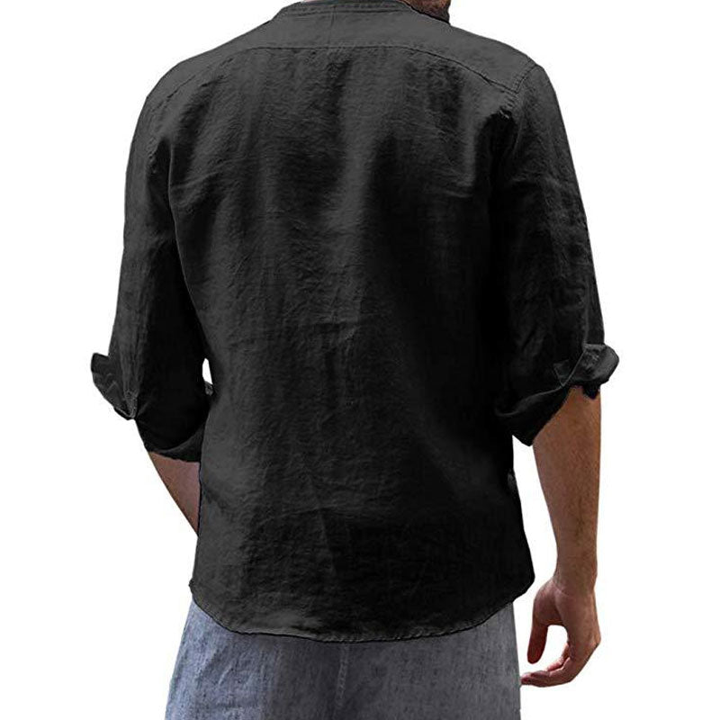 Foreign Trade Men's Solid Color Slim Stand Collar Cotton Linen Fashion Casual Men Shirt