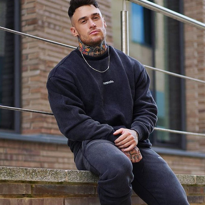 Men's Sports Hoodie Men Sweatshirts Fitness Male's Hoodies Sports T-shirt Men's Long Sleeve Autumn and Winter Double-Sided Velvet Thermal round-Neck plus Size Loose