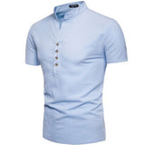 Men's Summer Solid Color Stand Collar Short Sleeve Shirt Fashion Trend Leisure Pullover Cotton Linen Shirt Men Shirt