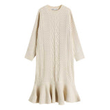 Red Peasant Dress Autumn Ruffled Fishtail Dress Women's Loose round Neck Retro Twist Texture Overknee Dress