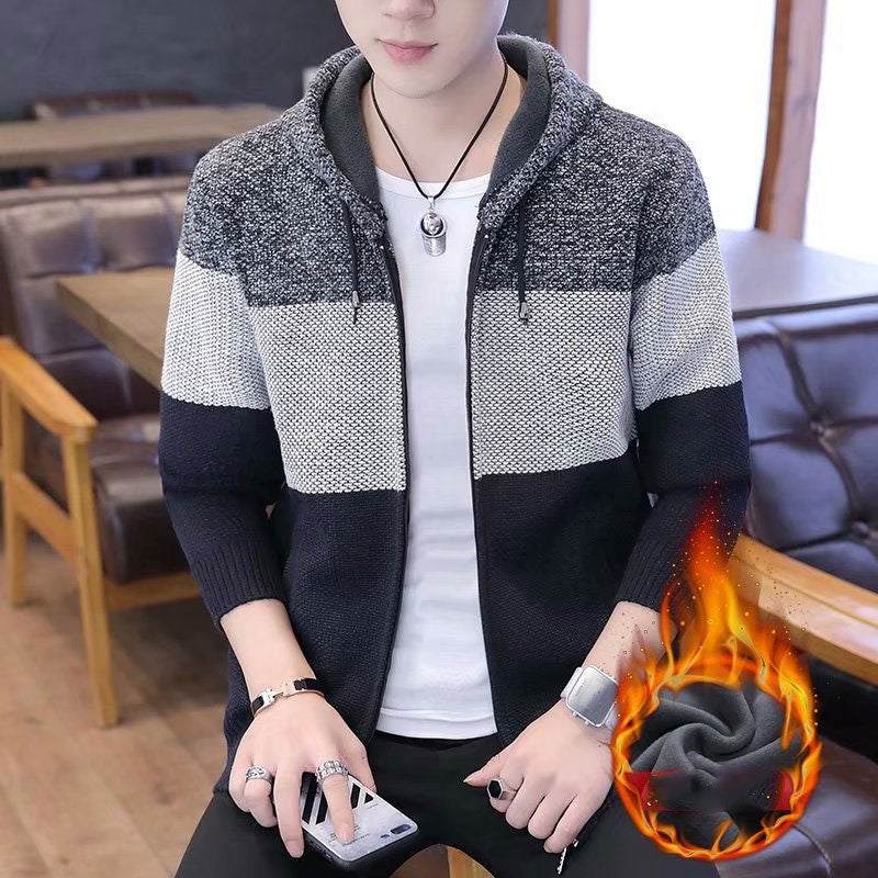 Men's Clothing Slim-Fitting Loose Contrast Color Hooded Velvet Padded Sweater Knitwear plus Size Fashion Casual Jacket Men Cardigan Sweater