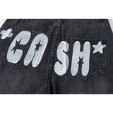 Men Jean Shorts Letter Printed Raw Edge Denim Shorts Men's Loose Street Straight Bermuda Shorts