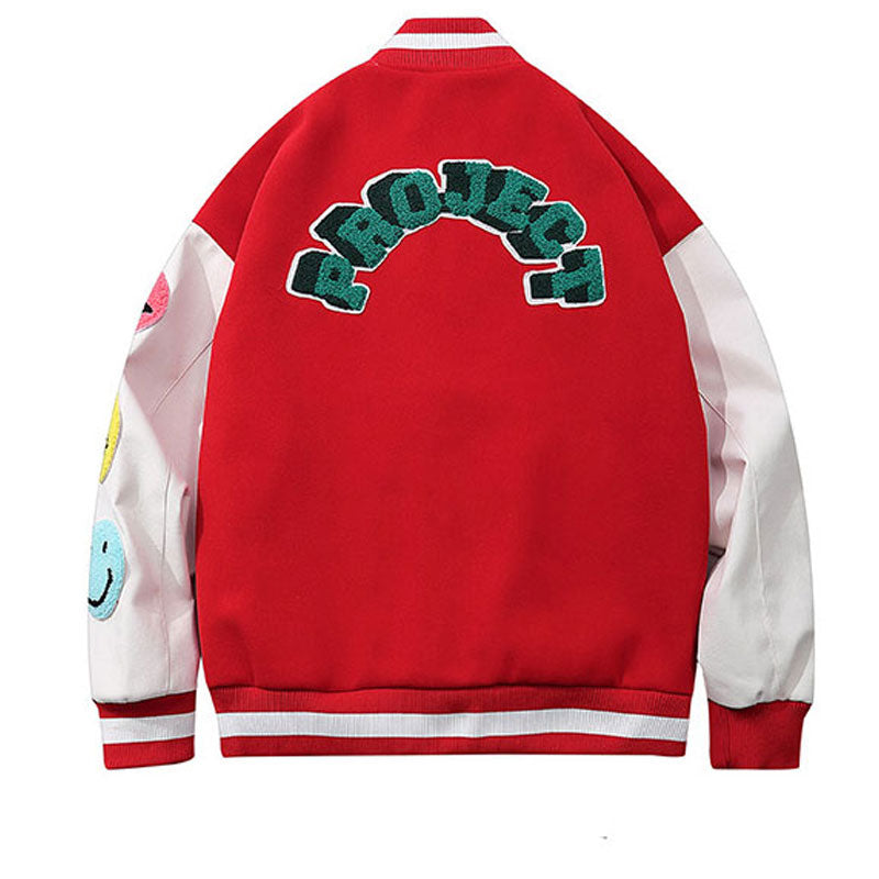 Varsity Baseball Jacket for Men Baseball Smiley Uniform Men's and Women's Spring Towel Embroidery Stitching Baggy Coat Jacket