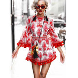 Red Peasant Dress Spring and Autumn Shore Xiao Same Style Blue Tassel Embroidery One-Piece Split Skirt
