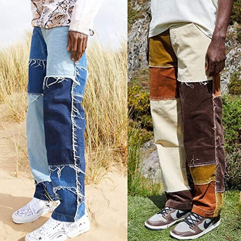 Men Patchwork Jeans Men's Jeans Contrast Color Hip Hop Casual Stitching Denim Trousers plus Size Retro Sports