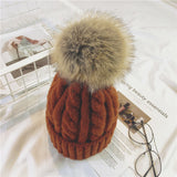 Toque Hat Female Winter Warm Twist Knitted Woolen Cap Fur Ball Sleeve Cap