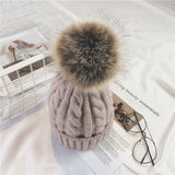 Toque Hat Female Winter Warm Twist Knitted Woolen Cap Fur Ball Sleeve Cap