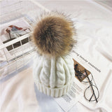 Toque Hat Female Winter Warm Twist Knitted Woolen Cap Fur Ball Sleeve Cap
