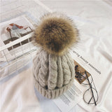 Toque Hat Female Winter Warm Twist Knitted Woolen Cap Fur Ball Sleeve Cap
