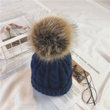 Toque Hat Female Winter Warm Twist Knitted Woolen Cap Fur Ball Sleeve Cap