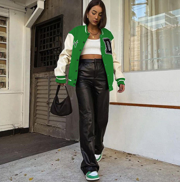 Cheerleader Letterman Jacket  Letter Print PU Sleeve