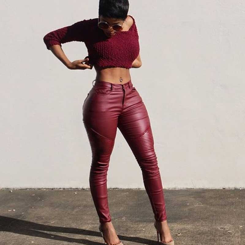 Faux Leather Pants Autumn And Winter Women 'S Street Pleated Leather Pants Tight Stretch Feet Pants
