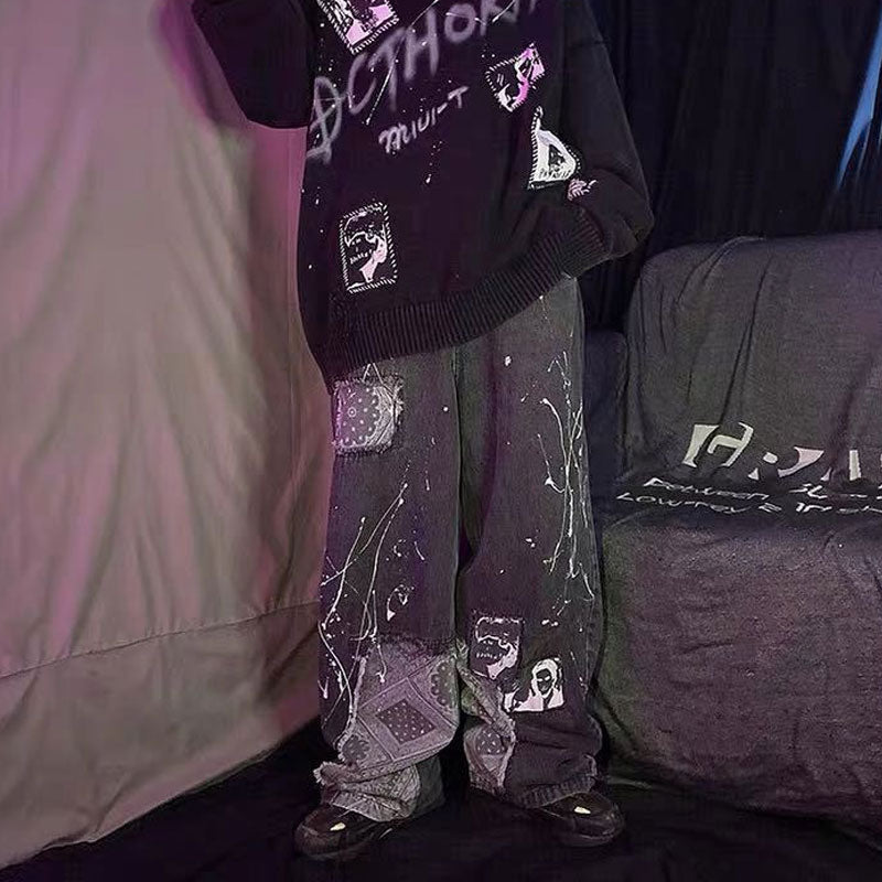 Stitching Printing Jeans plus Size Retro Sports Trousers Straight-Leg Trousers Men's Clothing Men Denim Pants