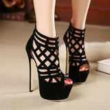 Black Strappy Heels Summer Roman High Heel Sandals Hollow Out Stiletto Women's Shoes