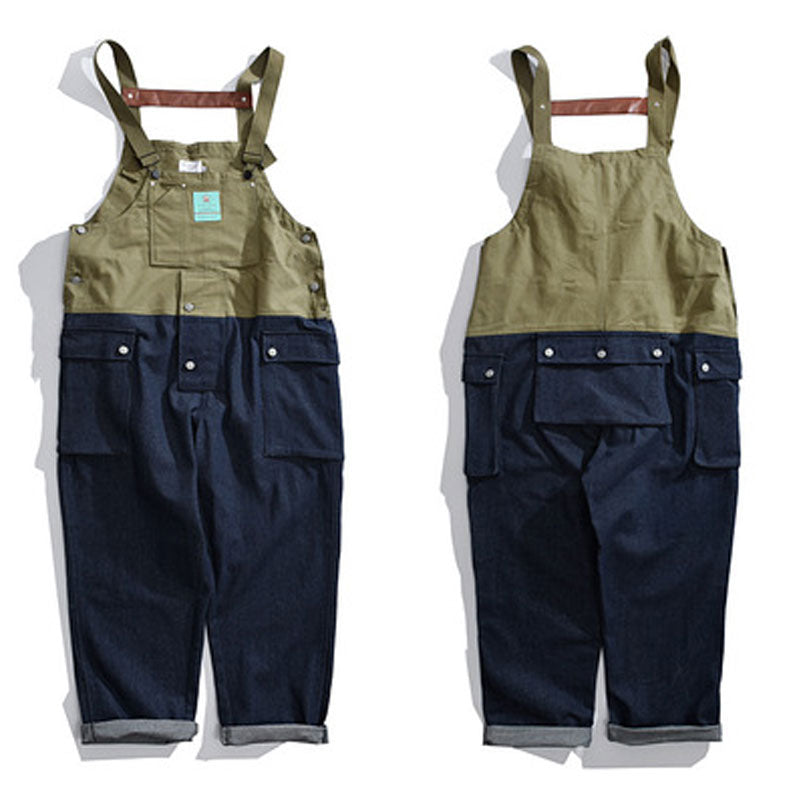 Hip Hop Overalls for Men Color Block Cargo Overalls Men's Suspender Overalls Daddy Pants Denim Trousers