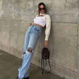 100 Cotton Jeans Women Autumn High Waist Ripped Burr Denim Trousers Women Washed and Frayed Wide-Leg Straight Pants