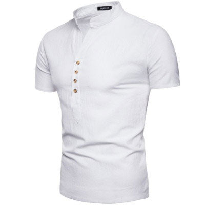Men's Summer Solid Color Stand Collar Short Sleeve Shirt Fashion Trend Leisure Pullover Cotton Linen Shirt Men Shirt