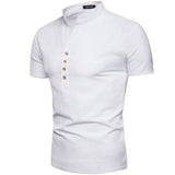 Men's Summer Solid Color Stand Collar Short Sleeve Shirt Fashion Trend Leisure Pullover Cotton Linen Shirt Men Shirt