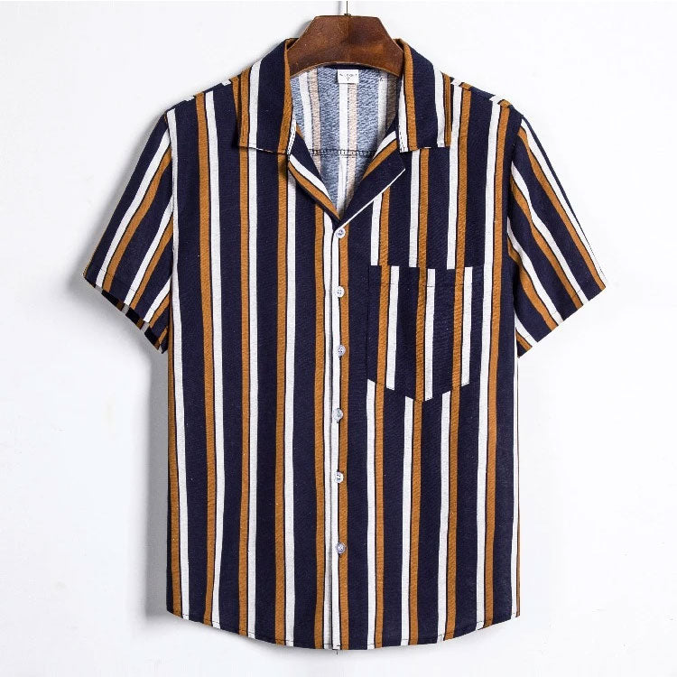 Men's Summer Men's Cotton and Linen Stripes Short-Sleeved Shirt Youth Fashion Casual Men's Shirt