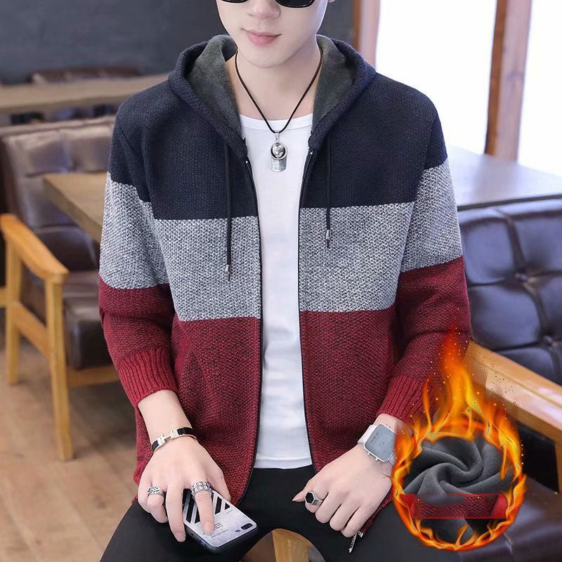 Men's Clothing Slim-Fitting Loose Contrast Color Hooded Velvet Padded Sweater Knitwear plus Size Fashion Casual Jacket Men Cardigan Sweater