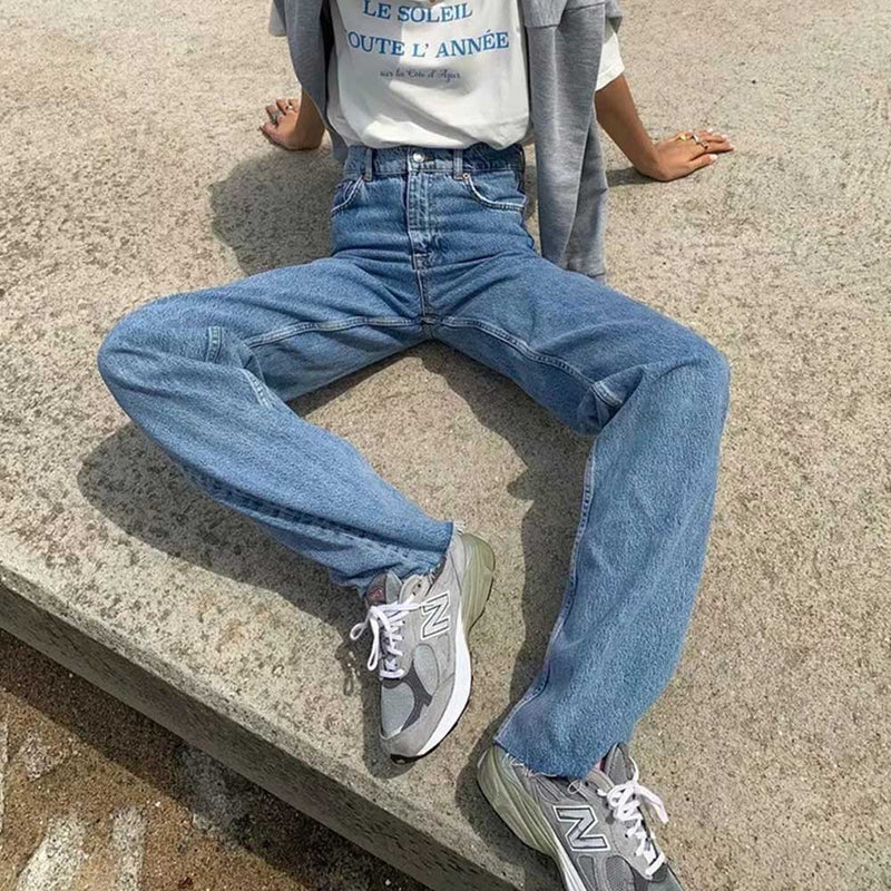 100 Cotton Jeans Women Fall High Waist Raw Hem Wide Leg Mop Pants Women Baggy Straight Trousers Trousers