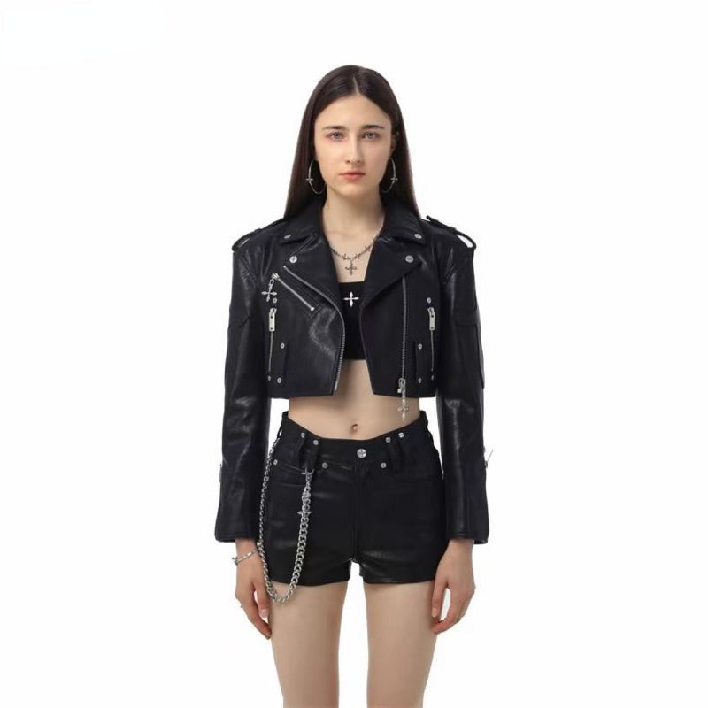 Cheerleader Letterman Jacket Rivet Cruciate Flower Artificial Leather Short