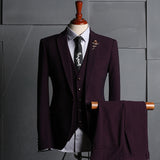 Burgundy Suit Men's Suit Three-Piece Suit Slim Fit Skinny Pants Casual Business Suit Wedding Groom Dress