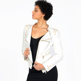 Punk Leather Jacket with Spikes Rivet Zipper Stitching Dovetail Denim Motorcycle Slimming Coat