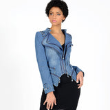 Punk Leather Jacket with Spikes Rivet Zipper Stitching Dovetail Denim Motorcycle Slimming Coat