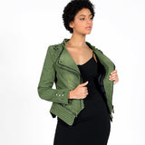 Punk Leather Jacket with Spikes Rivet Zipper Stitching Dovetail Denim Motorcycle Slimming Coat