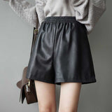 Leather Shorts Elastic Waist Pu Women's Autumn Loose Casual High Waist Wide-Leg A- line Shorts