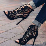 Black Strappy Heels Cutout Cross Lace-up High-Heeled Sandals Peep Toe Shoes