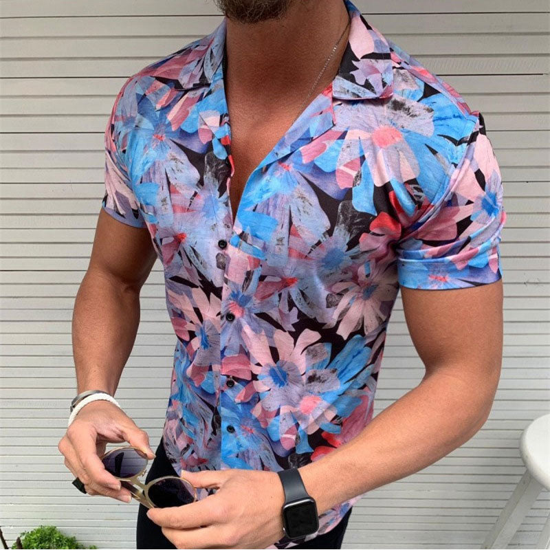 Summer European and American Men's Printed Slim-Fit Short-Sleeved Fashion Casual Men Shirt
