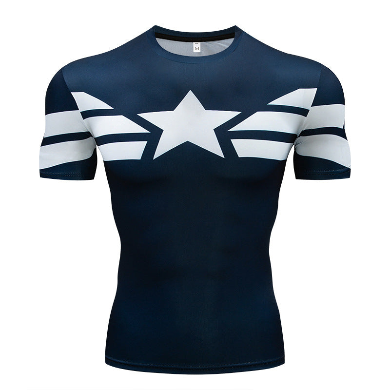 Captain America T Shirt Blue Digital Printing 3DT T-shirt Sports Tights Men's Sweat-Wicking Fitness