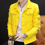 Spring Men's Yellow Studded Denim Jacket Studding Jean Coat Rivet Patchwork Jacket Top Denim Jacket Raccoon Casual Large Size Loose