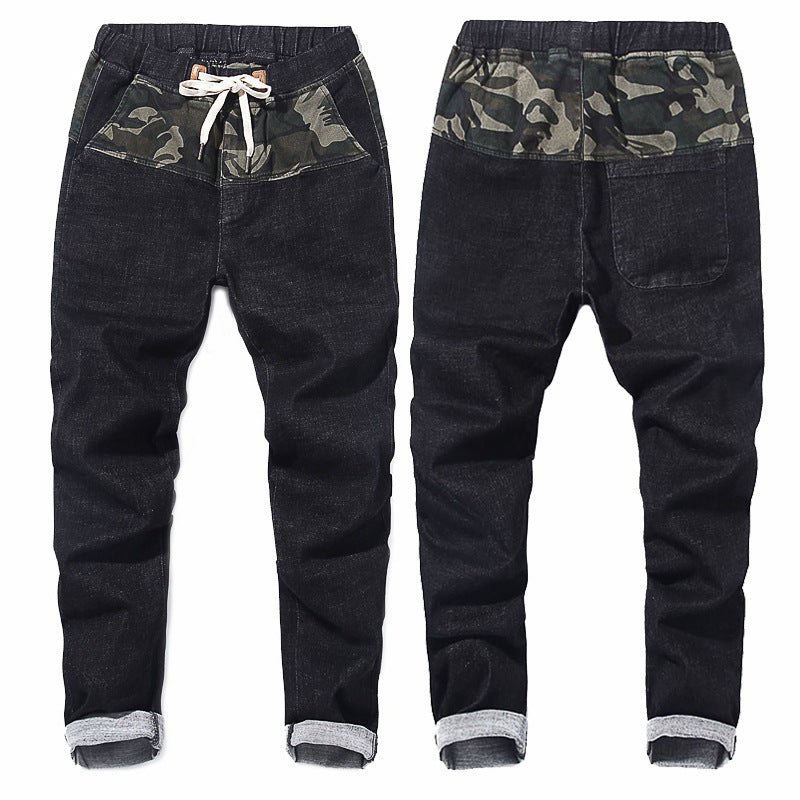 Relaxed Tapered Jean Autumn and Winter Camouflage Stitching Elastic Waist Loose Elastic Harem Jeans Men's plus Size