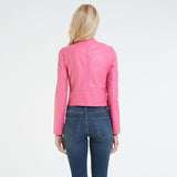 Hot Pink Motorcycle Jacket Spring and Autumn Leather round Neck Pu Washed Leather Short Coat Motorcycle Jacket