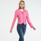 Hot Pink Motorcycle Jacket Spring and Autumn Leather round Neck Pu Washed Leather Short Coat Motorcycle Jacket