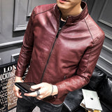Hand Painted Leather Jackets Spring and Autumn Men's PU Leather Coat Stand-up Collar Slim Fit