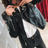 Women's Leather Jacket with Patches Autumn Leather Coat Women's Jacket Loose All-Match Sleeves Flower Embroidered PU Leather Jacket