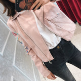 Women's Leather Jacket with Patches Autumn Leather Coat Women's Jacket Loose All-Match Sleeves Flower Embroidered PU Leather Jacket
