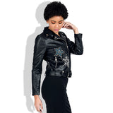 Spiked Leather Jacket Women's Slim-Fit Short Rivet Embroidery Biker's Leather Jacket Autumn and Winter Coat