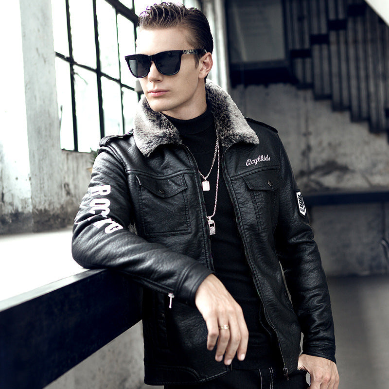 Hand Painted Leather Jackets Men's Fur PU Leather Jacket Motorcycle Winter Thick Leather Coat