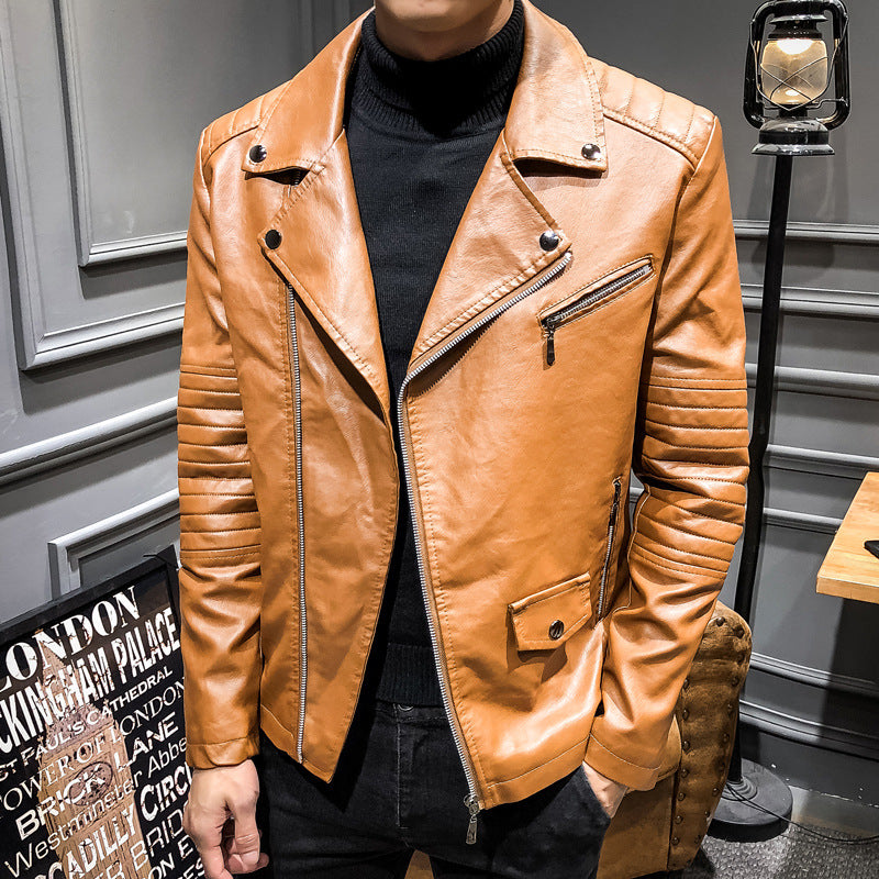 Hand Painted Leather Jackets Fall Men's Leather Coat Slim Youth Motorcycle Pu Turn-down Collar Coat